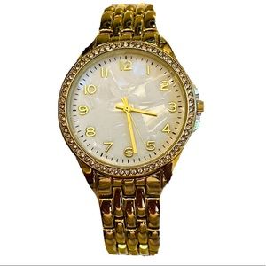 American Exchange Pavé Rhinestone Wristwatch Goldtone Mother Of Pearl Face